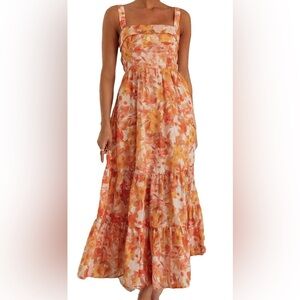 Orange Floral Square Neck Midi Dress